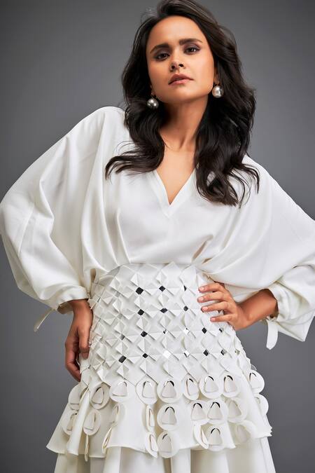Buy Deepika Arora White Crepe V-neck 3d Geometric Applique Layered Dress Buy_Deepika Arora_White Crepe V-neck 3d Geometric Applique Layered Dress