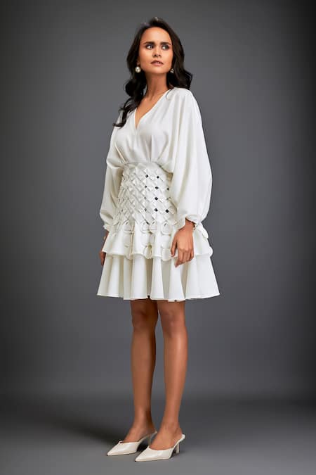 Shop Deepika Arora White Crepe V-neck 3d Geometric Applique Layered Dress Shop_Deepika Arora_White Crepe V-neck 3d Geometric Applique Layered Dress