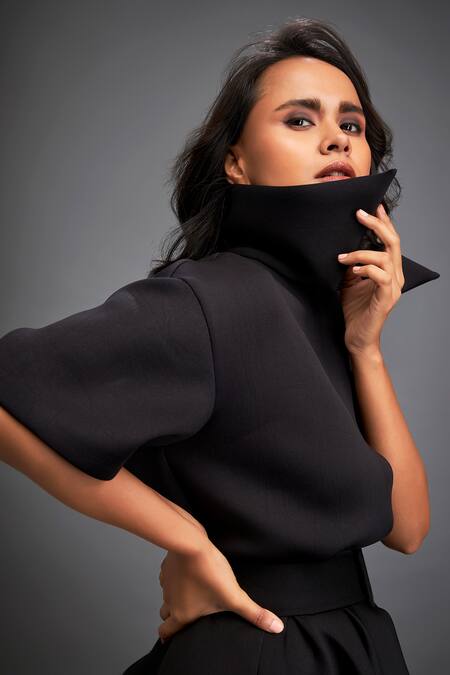 Deepika Arora_Black Neoprene Embroidery, Applique Collared Floral Skirt Co-ord Set_Online_at_Aza_Fashions