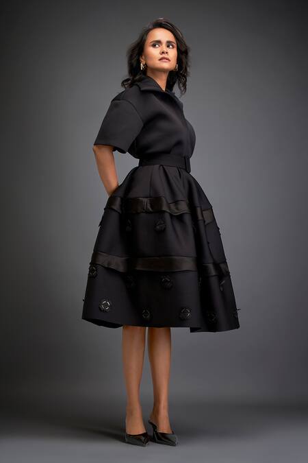 Buy_Deepika Arora_Black Neoprene Embroidery, Applique Collared Floral Skirt Co-ord Set_Online_at_Aza_Fashions