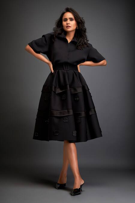 Shop_Deepika Arora_Black Neoprene Embroidery, Applique Collared Floral Skirt Co-ord Set_Online_at_Aza_Fashions