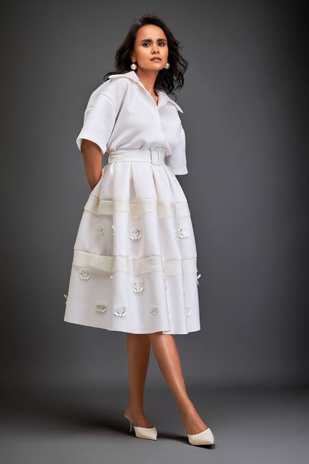 Deepika Arora_White Scuba Floral Collar Neck Bloom Applique Midi Dress With Belt_Online_at_Aza_Fashions