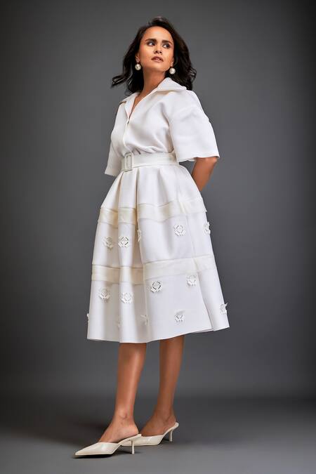 Shop_Deepika Arora_White Scuba Floral Collar Neck Bloom Applique Midi Dress With Belt_Online_at_Aza_Fashions