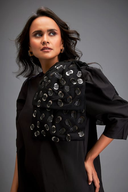 Deepika Arora Black Tafetta Metallic Sphere High Neck Applique Embellished Ruffled Hem Dress Online at Aza Fashions Deepika Arora_Black Tafetta Metallic Sphere High Neck Applique Embellished Ruffled Hem Dress _Online_at_Aza_Fashions