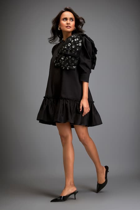 Deepika Arora Black Tafetta Metallic Sphere High Neck Applique Embellished Ruffled Hem Dress at Aza Fashions Deepika Arora_Black Tafetta Metallic Sphere High Neck Applique Embellished Ruffled Hem Dress _at_Aza_Fashions