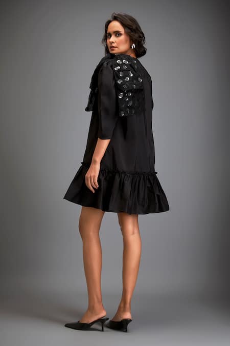 Shop Deepika Arora Black Tafetta Metallic Sphere High Neck Applique Embellished Ruffled Hem Dress at Aza Fashions Shop_Deepika Arora_Black Tafetta Metallic Sphere High Neck Applique Embellished Ruffled Hem Dress _at_Aza_Fashions