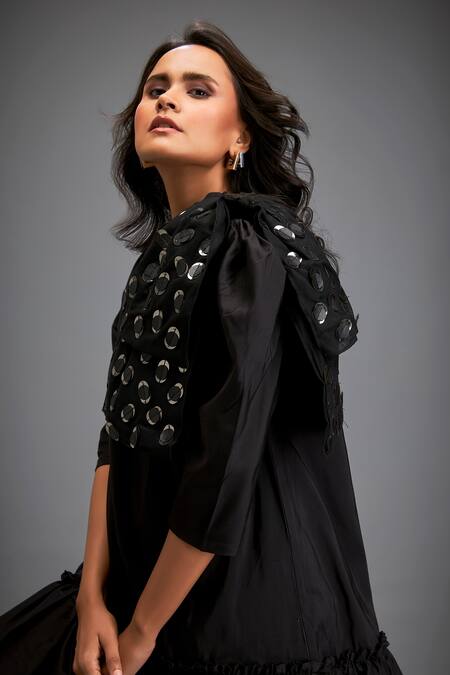 Shop Deepika Arora Black Tafetta Metallic Sphere High Neck Applique Embellished Ruffled Hem Dress Shop_Deepika Arora_Black Tafetta Metallic Sphere High Neck Applique Embellished Ruffled Hem Dress