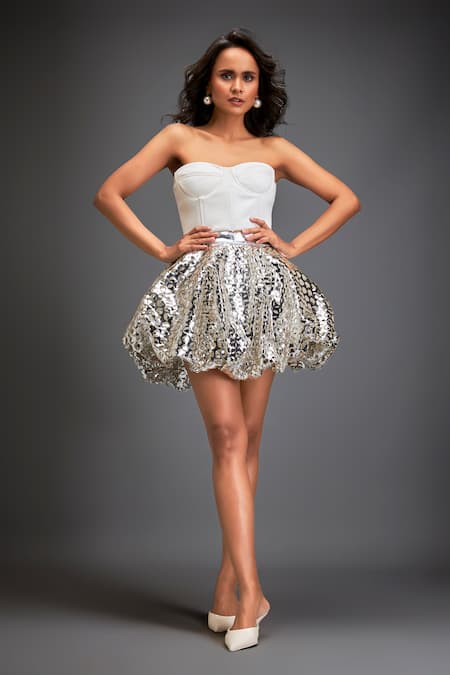 Buy_Deepika Arora_White Vegan Leather Off Shoulder Top With Metallic Cutwork Balloon Skirt _Online_at_Aza_Fashions