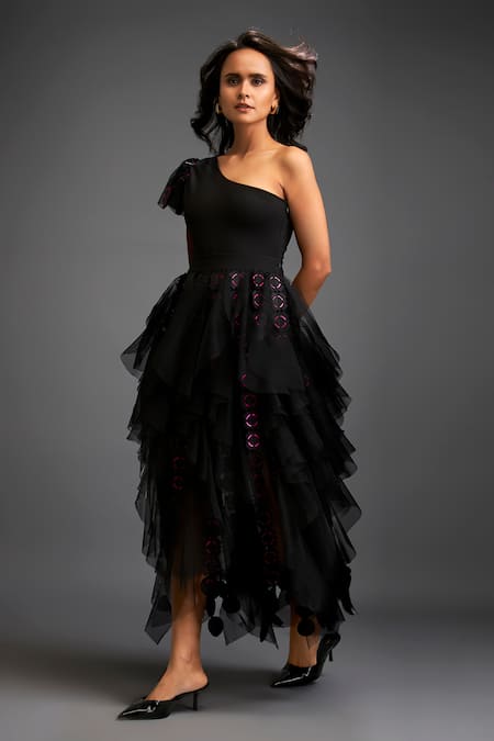 Shop_Deepika Arora_Black Net 3d Geometric One Shoulder Top With Applique Tiered Tulle Skirt _Online_at_Aza_Fashions