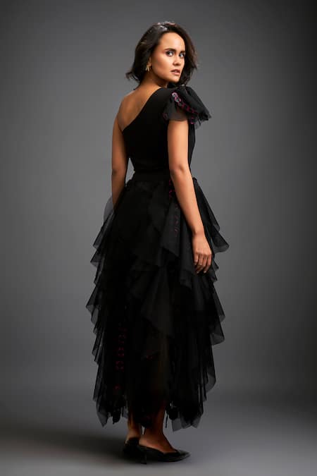 Deepika Arora One Shoulder Top With 3D Geometric Applique Tiered Tulle Skirt 