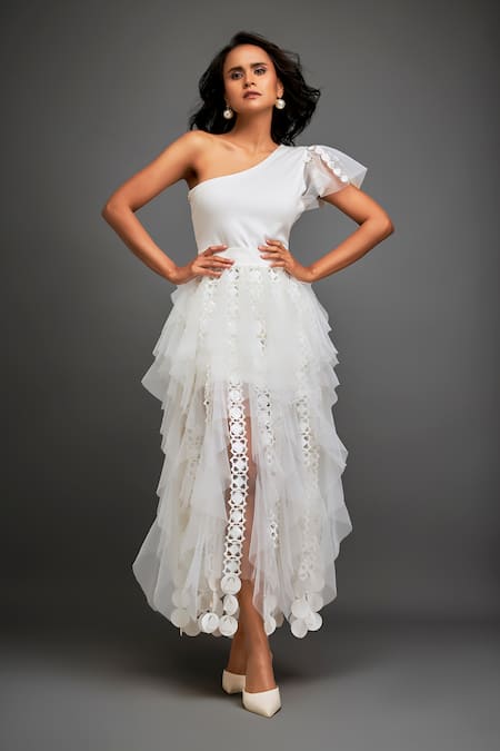 Buy_Deepika Arora_White Net Applique One Shoulder Asymmetric Top And Tiered Skirt Set _Online_at_Aza_Fashions