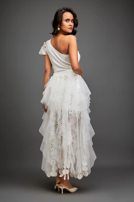 Deepika Arora White Asymmetric Top & Tiered Skirt Set 