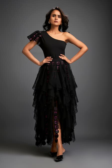 Buy Deepika Arora Black Net Applique Tiered Tulle Skirt With Buy_Deepika Arora_Black Net Applique Tiered Tulle Skirt With