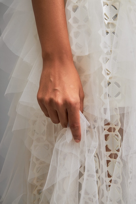 Buy Deepika Arora White Net Tiered Tulle Skirt With 3d Applique Online at Aza Fashions Buy_Deepika Arora_White Net Tiered Tulle Skirt With 3d Applique _Online_at_Aza_Fashions