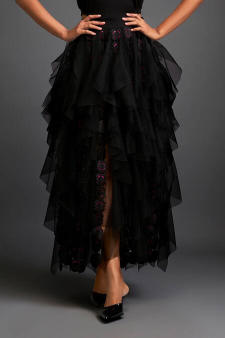 Deepika Arora Black Net, Tulle Applique V-neck Geometric Frilly Sleeves Skirt Set Online at Aza Fashions Deepika Arora_Black Net, Tulle Applique V-neck Geometric Frilly Sleeves Skirt Set _Online_at_Aza_Fashions