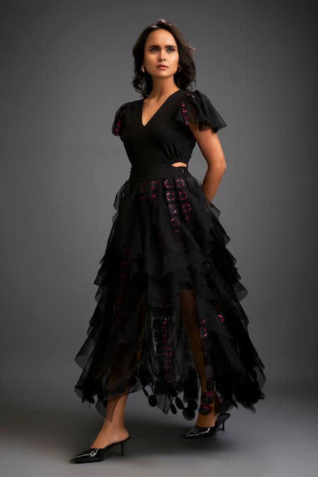 Buy Deepika Arora Black Net, Tulle Applique V-neck Geometric Frilly Sleeves Skirt Set Online at Aza Fashions Buy_Deepika Arora_Black Net, Tulle Applique V-neck Geometric Frilly Sleeves Skirt Set _Online_at_Aza_Fashions
