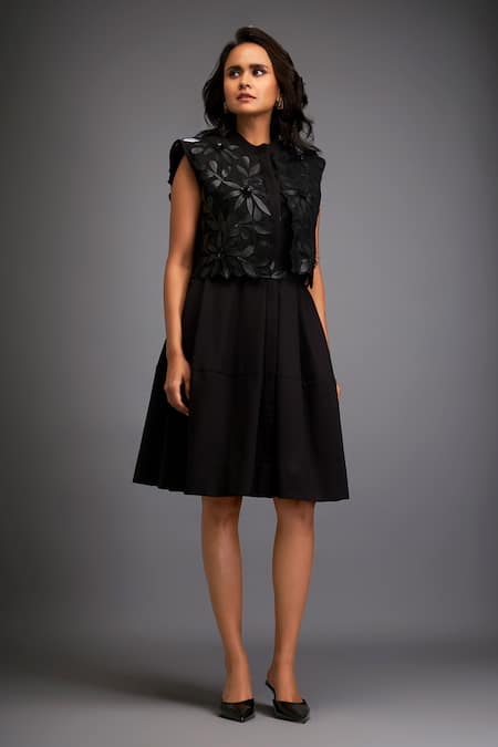 Deepika Arora Black Polyester Applique Bandeau , Open Floral Jacket And Dress Set Online at Aza Fashions Deepika Arora_Black Polyester Applique Bandeau , Open Floral Jacket And Dress Set _Online_at_Aza_Fashions