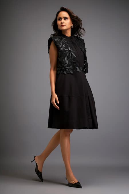 Shop Deepika Arora Black Polyester Applique Bandeau , Open Floral Jacket And Dress Set Online at Aza Fashions Shop_Deepika Arora_Black Polyester Applique Bandeau , Open Floral Jacket And Dress Set _Online_at_Aza_Fashions