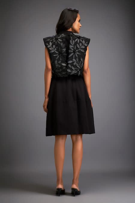 Shop Deepika Arora Black Polyester Applique Bandeau , Open Floral Jacket And Dress Set at Aza Fashions Shop_Deepika Arora_Black Polyester Applique Bandeau , Open Floral Jacket And Dress Set _at_Aza_Fashions