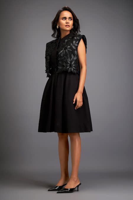 Deepika Arora Black Polyester Applique Bandeau , Open Floral Jacket And Dress Set at Aza Fashions Deepika Arora_Black Polyester Applique Bandeau , Open Floral Jacket And Dress Set _at_Aza_Fashions