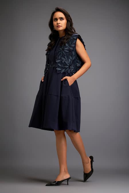 Buy_Deepika Arora_Blue Ponte Roma Floral Dress Band Collar, Jacket Open Applique With Tiered _Online_at_Aza_Fashions