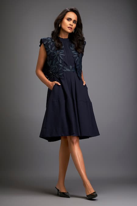 Shop_Deepika Arora_Blue Ponte Roma Floral Dress Band Collar, Jacket Open Applique With Tiered _Online_at_Aza_Fashions