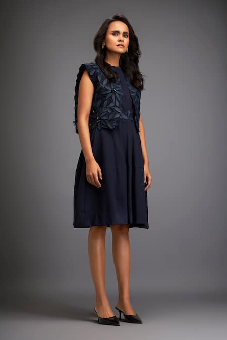 Deepika Arora_Blue Ponte Roma Floral Dress Band Collar, Jacket Open Applique With Tiered _at_Aza_Fashions