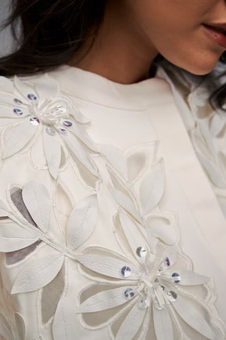 Deepika Arora White Ponte Roma Floral Dress Band Collar, Jacket Open Tiered With Applique Online at Aza Fashions Deepika Arora_White Ponte Roma Floral Dress Band Collar, Jacket Open Tiered With Applique _Online_at_Aza_Fashions