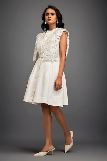 Buy Deepika Arora White Ponte Roma Floral Dress Band Collar, Jacket Open Tiered With Applique Online at Aza Fashions Buy_Deepika Arora_White Ponte Roma Floral Dress Band Collar, Jacket Open Tiered With Applique _Online_at_Aza_Fashions