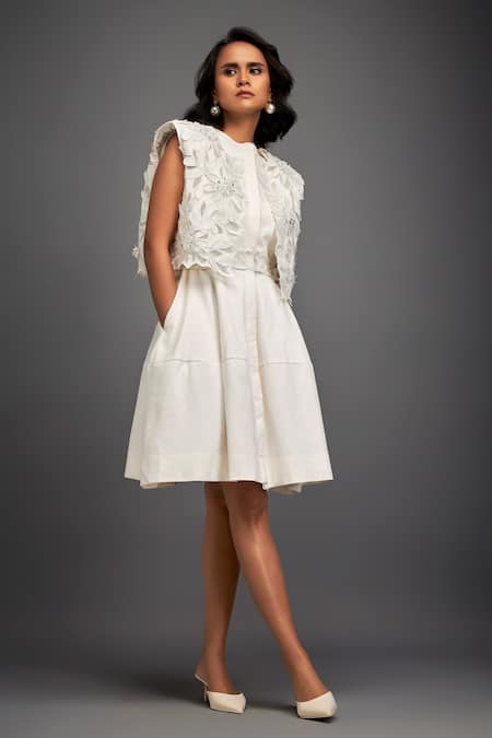 Deepika Arora White Ponte Roma Floral Dress Band Collar, Jacket Open Tiered With Applique at Aza Fashions Deepika Arora_White Ponte Roma Floral Dress Band Collar, Jacket Open Tiered With Applique _at_Aza_Fashions