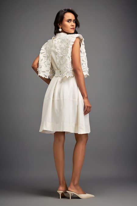 Shop Deepika Arora White Ponte Roma Floral Dress Band Collar, Jacket Open Tiered With Applique at Aza Fashions Shop_Deepika Arora_White Ponte Roma Floral Dress Band Collar, Jacket Open Tiered With Applique _at_Aza_Fashions
