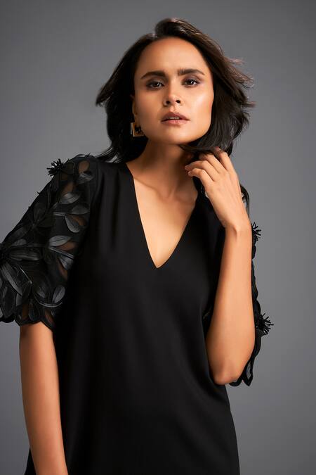 Deepika Arora Black Ponte Roma Floral, Leaf V Neck Applique Ruffle Dress at Aza Fashions Deepika Arora_Black Ponte Roma Floral, Leaf V Neck Applique Ruffle Dress _at_Aza_Fashions