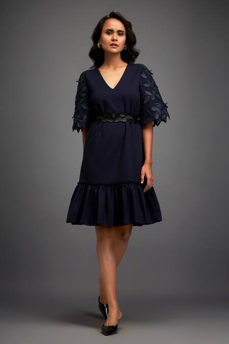 Deepika Arora Blue Polyester Embroidery V-neck Floral Leaf Applique Ruffle Dress Online at Aza Fashions Deepika Arora_Blue Polyester Embroidery V-neck Floral Leaf Applique Ruffle Dress _Online_at_Aza_Fashions