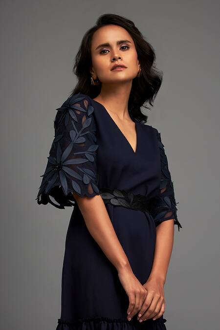 Shop Deepika Arora Blue Polyester Embroidery V-neck Floral Leaf Applique Ruffle Dress Online at Aza Fashions Shop_Deepika Arora_Blue Polyester Embroidery V-neck Floral Leaf Applique Ruffle Dress _Online_at_Aza_Fashions