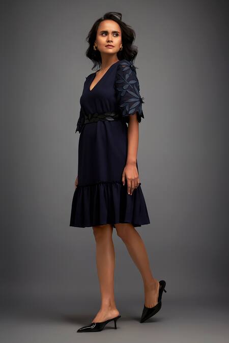 Deepika Arora Blue Polyester Embroidery V-neck Floral Leaf Applique Ruffle Dress at Aza Fashions Deepika Arora_Blue Polyester Embroidery V-neck Floral Leaf Applique Ruffle Dress _at_Aza_Fashions