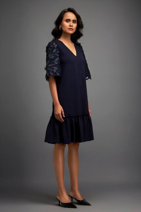 Buy Deepika Arora Blue Polyester Embroidery V-neck Floral Leaf Applique Ruffle Dress Buy_Deepika Arora_Blue Polyester Embroidery V-neck Floral Leaf Applique Ruffle Dress