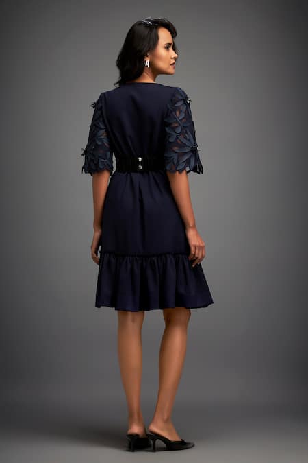 Deepika Arora Floral Leaf Applique Ruffle Dress 