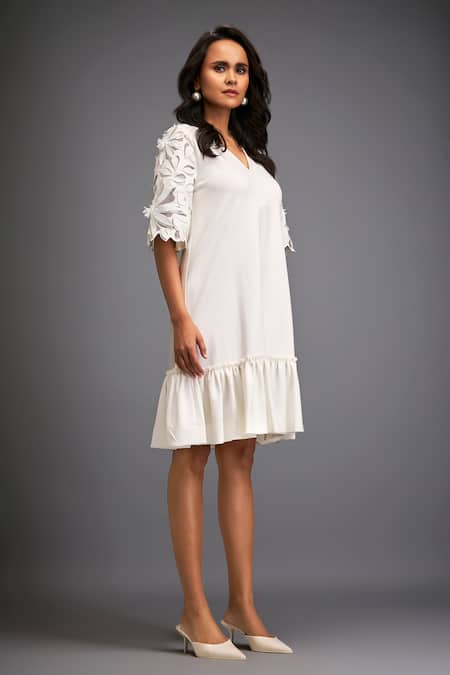 Buy Deepika Arora White Pashmina Applique V-neck Floral Leaf Ruffle Dress Online at Aza Fashions Buy_Deepika Arora_White Pashmina Applique V-neck Floral Leaf Ruffle Dress _Online_at_Aza_Fashions