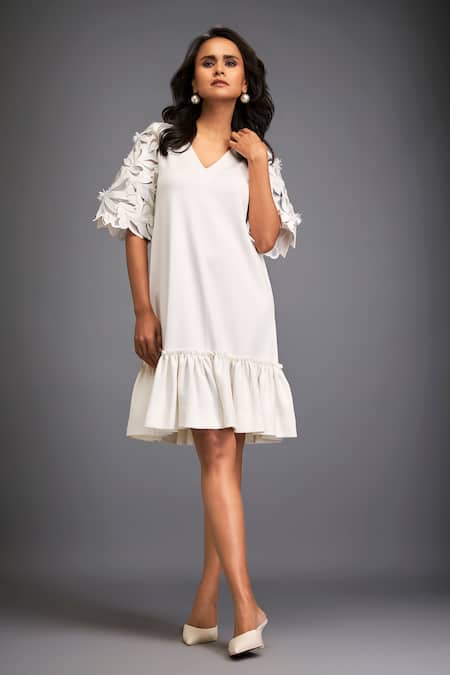 Shop Deepika Arora White Pashmina Applique V-neck Floral Leaf Ruffle Dress Online at Aza Fashions Shop_Deepika Arora_White Pashmina Applique V-neck Floral Leaf Ruffle Dress _Online_at_Aza_Fashions