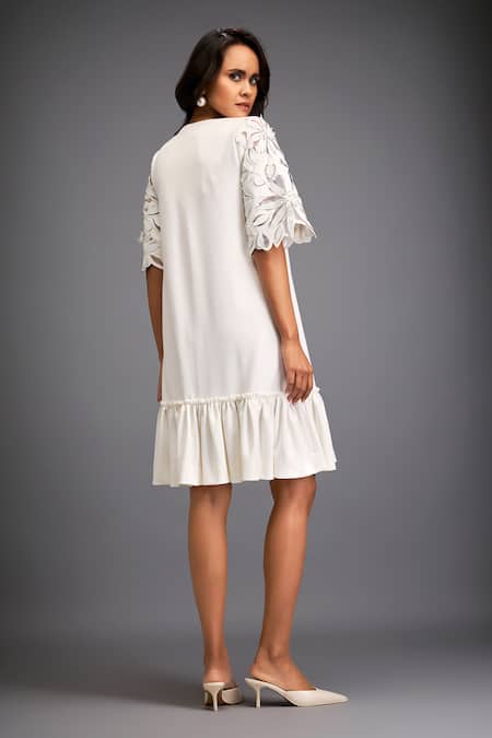 Shop Deepika Arora White Pashmina Applique V-neck Floral Leaf Ruffle Dress at Aza Fashions Shop_Deepika Arora_White Pashmina Applique V-neck Floral Leaf Ruffle Dress _at_Aza_Fashions