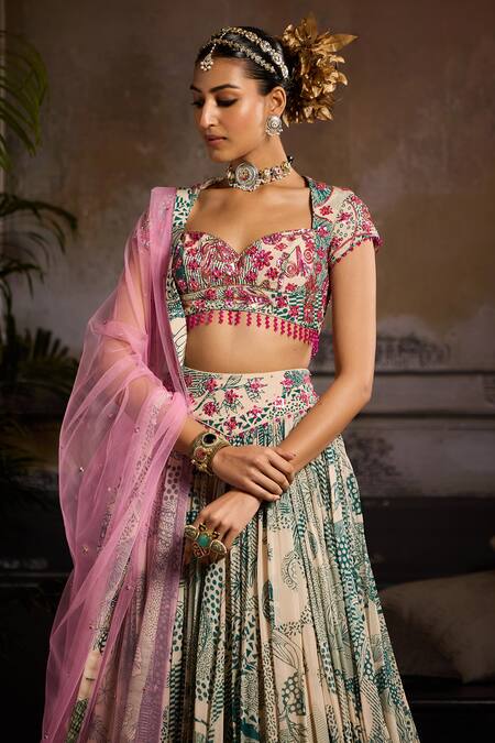 Buy Diyarajvvir Beige Tulle, Crepe, Linen, Georgette Embroidery, Floral Jaal Print Lehenga Set Online at Aza Fashions Buy_Diyarajvvir_Beige Tulle, Crepe, Linen, Georgette Embroidery, Floral Jaal Print Lehenga Set _Online_at_Aza_Fashions