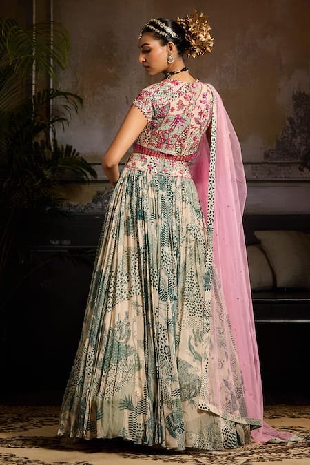 Shop Diyarajvvir Beige Tulle, Crepe, Linen, Georgette Embroidery, Floral Jaal Print Lehenga Set at Aza Fashions Shop_Diyarajvvir_Beige Tulle, Crepe, Linen, Georgette Embroidery, Floral Jaal Print Lehenga Set _at_Aza_Fashions
