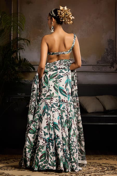 Shop Diyarajvvir Green Organza, Crepe, Linen Embroidery One Shoulder Bloom Print Lehenga Set at Aza Fashions Shop_Diyarajvvir_Green Organza, Crepe, Linen Embroidery One Shoulder Bloom Print Lehenga Set _at_Aza_Fashions