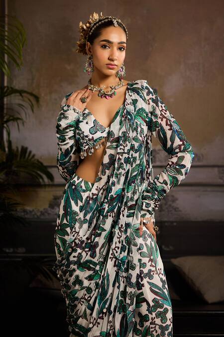 Diyarajvvir_White Georgette, Linen Embroidery Bloom Print Pre-draped Sharara Saree Set _Online_at_Aza_Fashions