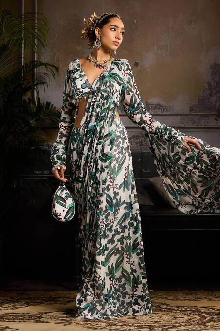 Buy_Diyarajvvir_White Georgette, Linen Embroidery Bloom Print Pre-draped Sharara Saree Set _Online_at_Aza_Fashions