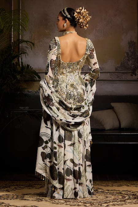 Shop Diyarajvvir White Georgette Sequins, Embroidery Leaf Jaal Print Anarkali Set With Dupatta at Aza Fashions Shop_Diyarajvvir_White Georgette Sequins, Embroidery Leaf Jaal Print Anarkali Set With Dupatta _at_Aza_Fashions