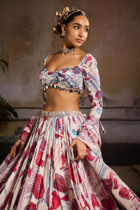 Buy Diyarajvvir White Organza, Tulle, Crepe, Lining Shantoon Leaf Print Gathered Lehenga Set Online at Aza Fashions Buy_Diyarajvvir_White Organza, Tulle, Crepe, Lining Shantoon Leaf Print Gathered Lehenga Set _Online_at_Aza_Fashions