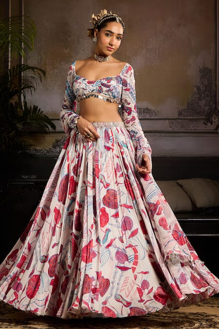 DiyaRajvvir Leaf Print Gathered Lehenga Set 