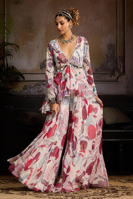 Diyarajvvir Pink Organza, Tulle, Linen Sequins Leaflet Print Peplum Kurti And Sharara Set Online at Aza Fashions Diyarajvvir_Pink Organza, Tulle, Linen Sequins Leaflet Print Peplum Kurti And Sharara Set _Online_at_Aza_Fashions