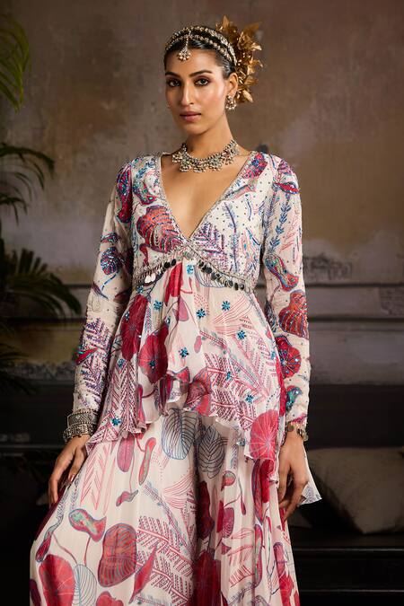 Buy Diyarajvvir Pink Organza, Tulle, Linen Sequins Leaflet Print Peplum Kurti And Sharara Set Online at Aza Fashions Buy_Diyarajvvir_Pink Organza, Tulle, Linen Sequins Leaflet Print Peplum Kurti And Sharara Set _Online_at_Aza_Fashions
